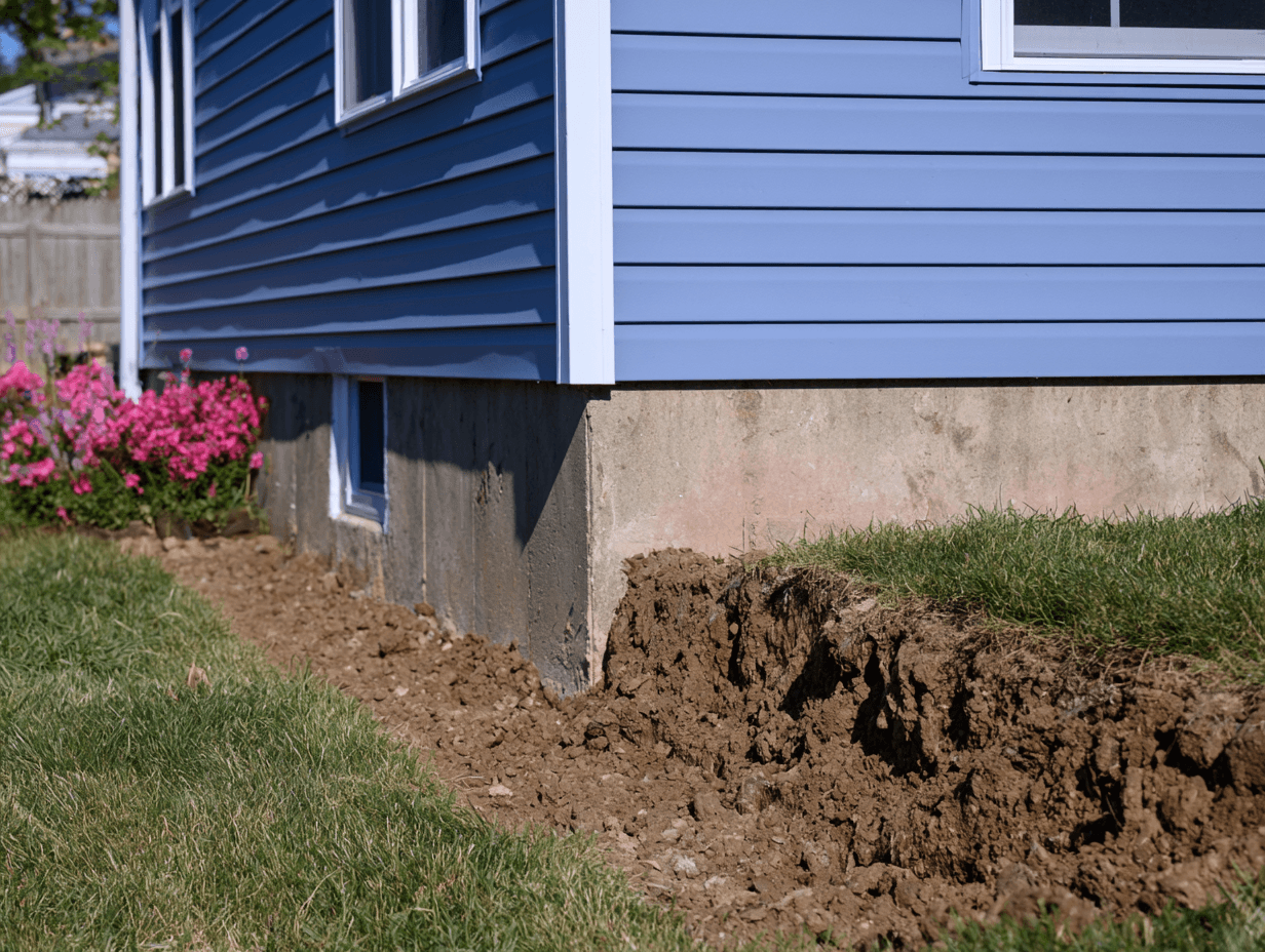Exposed house foundation with soil excavation, blue exterior siding, basement window and surrounding lawn