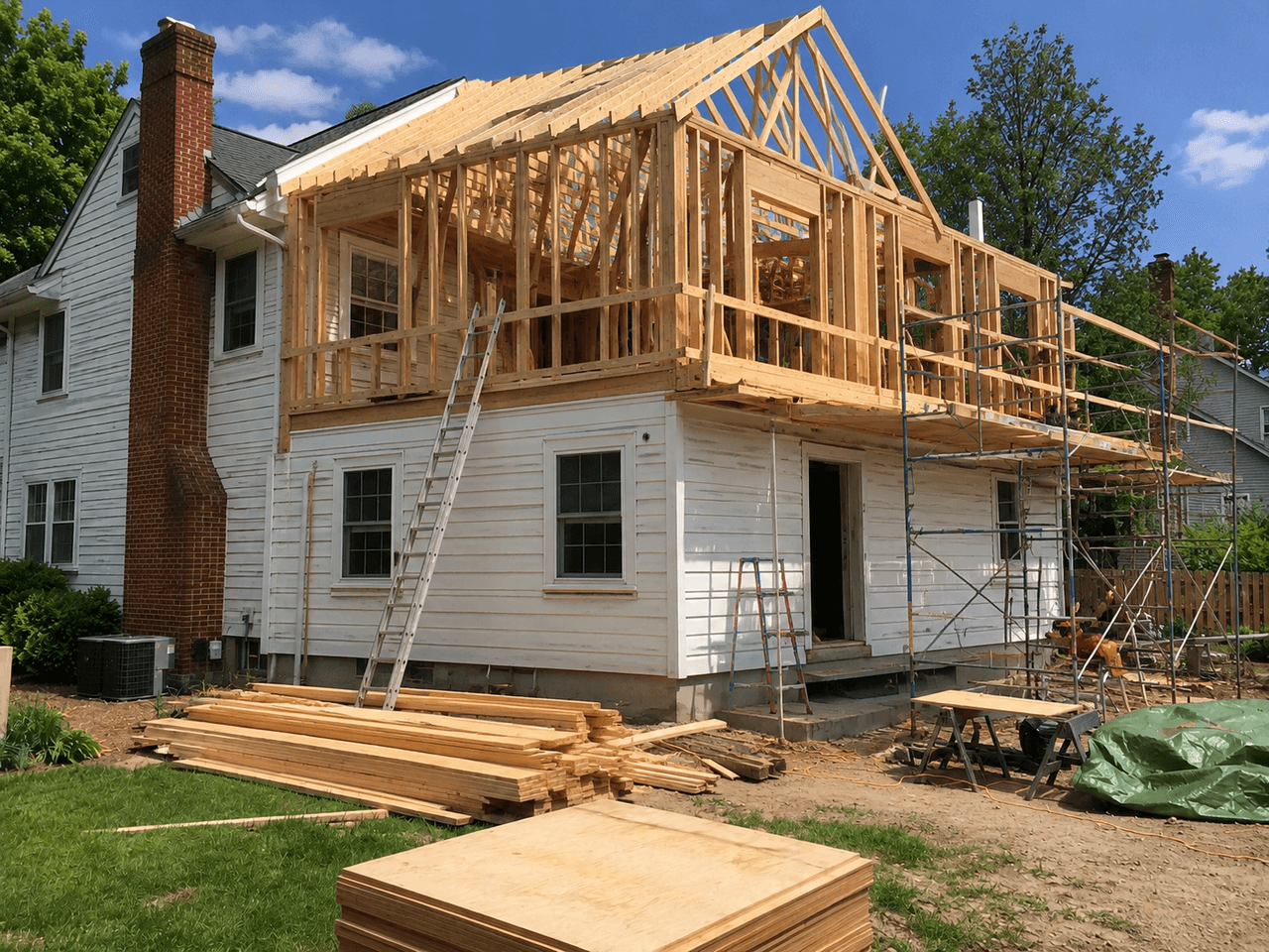 Residential home addition under construction with two-story wood framing, exposed roof trusses, scaffolding, ladders, and building materials