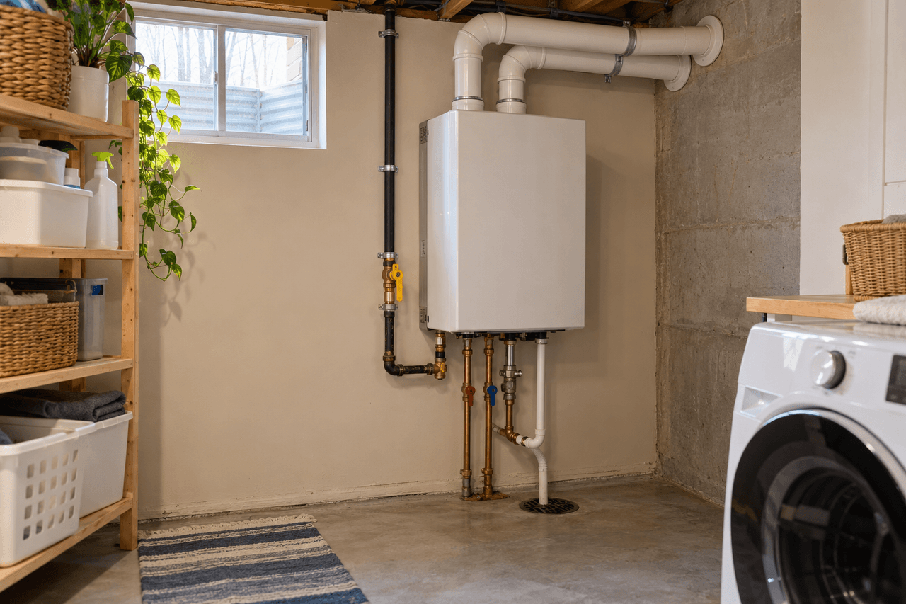 Wall-mounted gas water heater installation with copper piping, exhaust vent pipes and plumbing connections in a residential basement laundry room.
