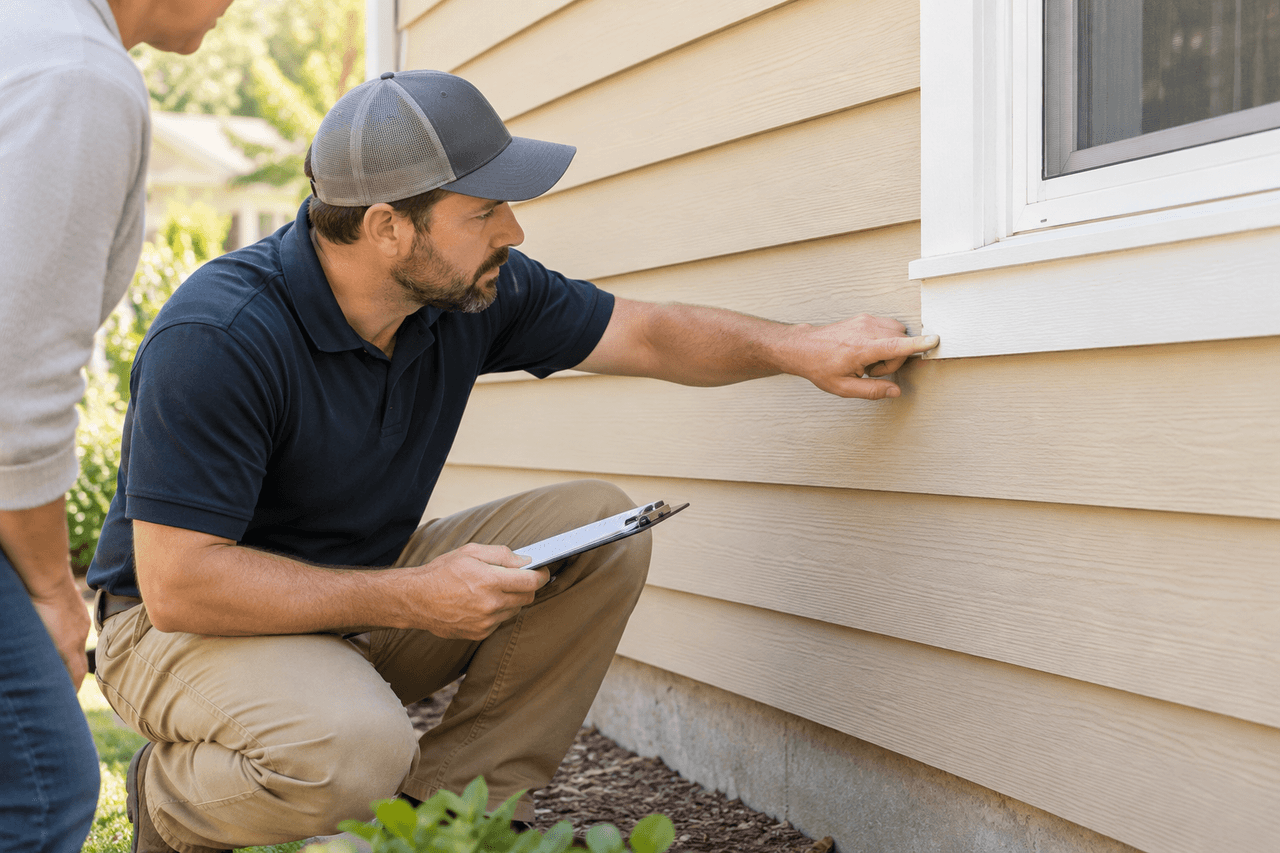 Building inspector examining exterior siding and window trim on a residential house during a property inspection.