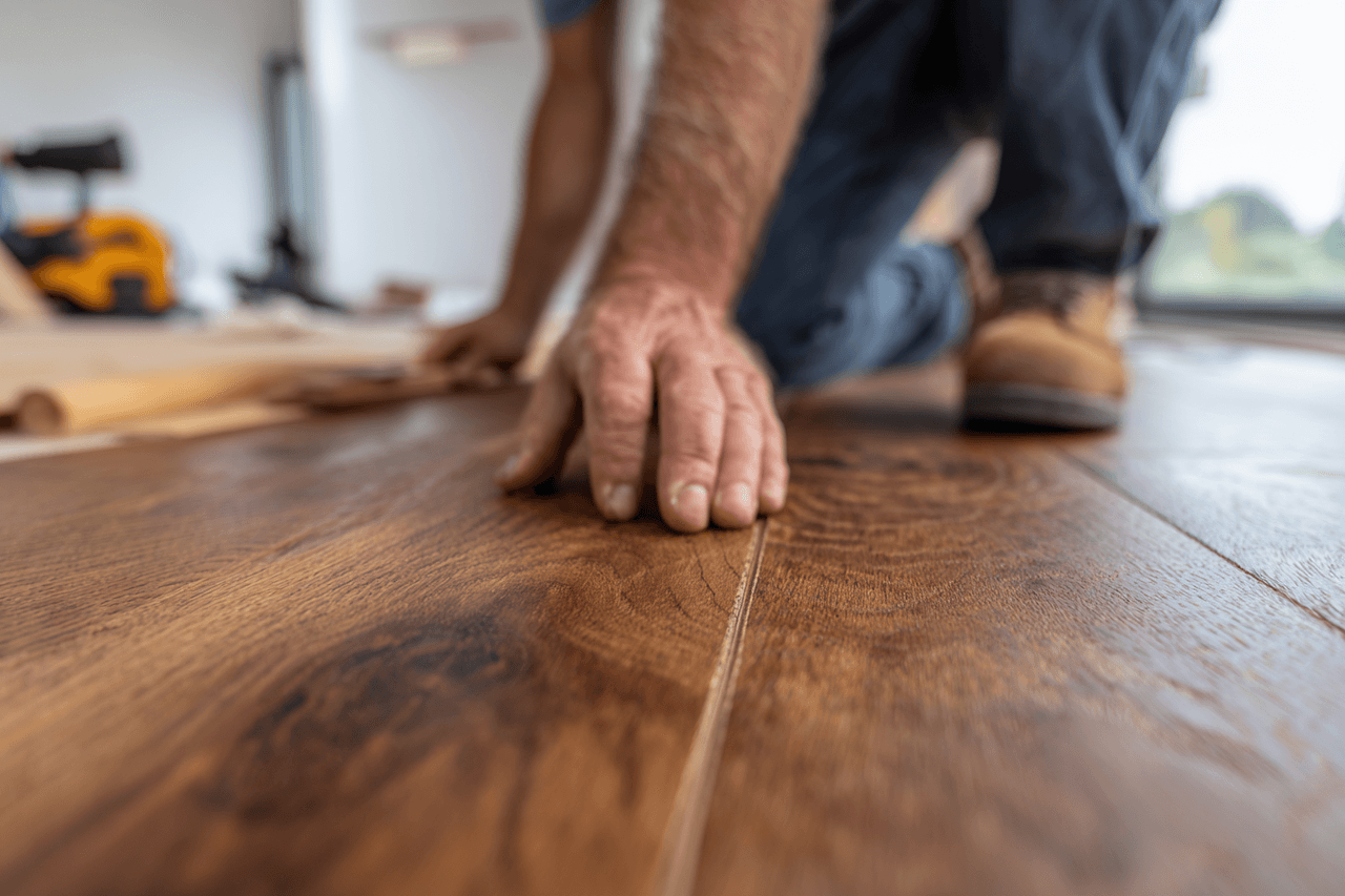 Worker installing brown wood flooring, with a hand placed on the planks and renovation tools in the background.
