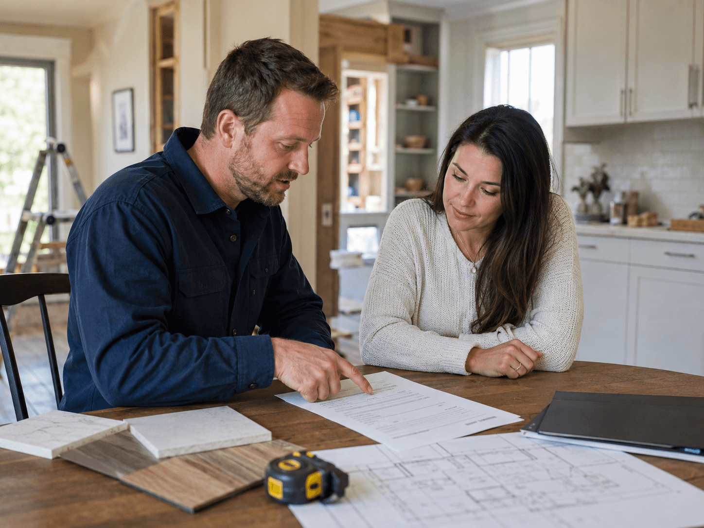 Renovation contractor reviewing a document with a client at a table, with plans, material samples and a tape measure inside a home under renovation