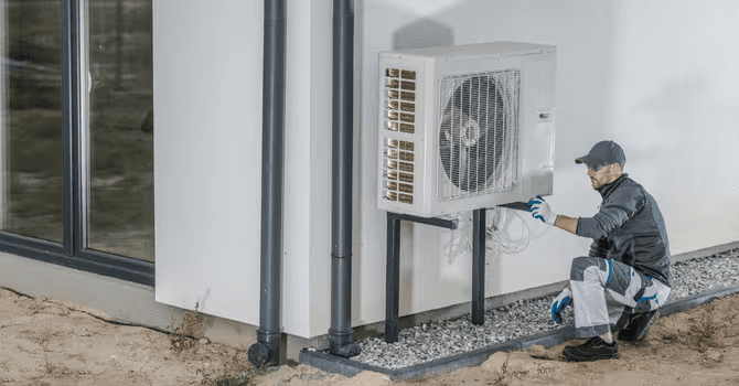 HVAC technician inspecting or servicing an outdoor heat pump unit mounted beside a house.