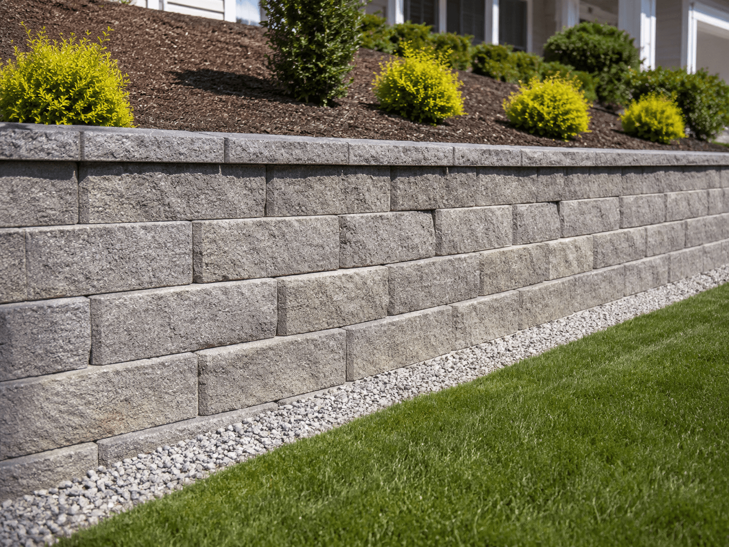 Gray concrete block retaining wall bordering a residential lawn, with decorative gravel and landscaped shrubs on the sloped property