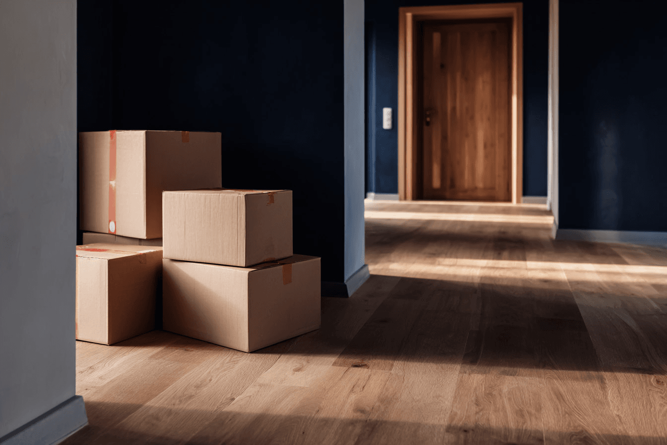 Stacked cardboard moving boxes in the hallway of an empty house.