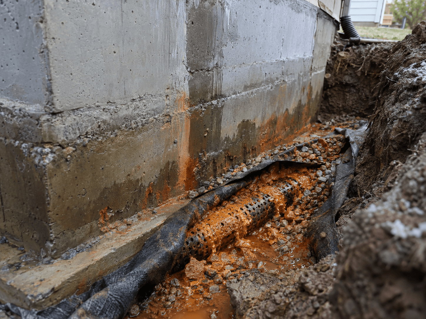 Excavation trench along the concrete foundation of a residential house, showing a perforated French drain surrounded by gravel and black geotextile fabric, with orange muddy water accumulation and rust-colored stains on the foundation wall, illustrating drainage work and water infiltration management