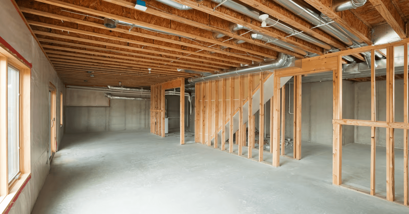 Basement under renovation with exposed wood framing, metal ventilation ducts, concrete foundation walls and a concrete floor.