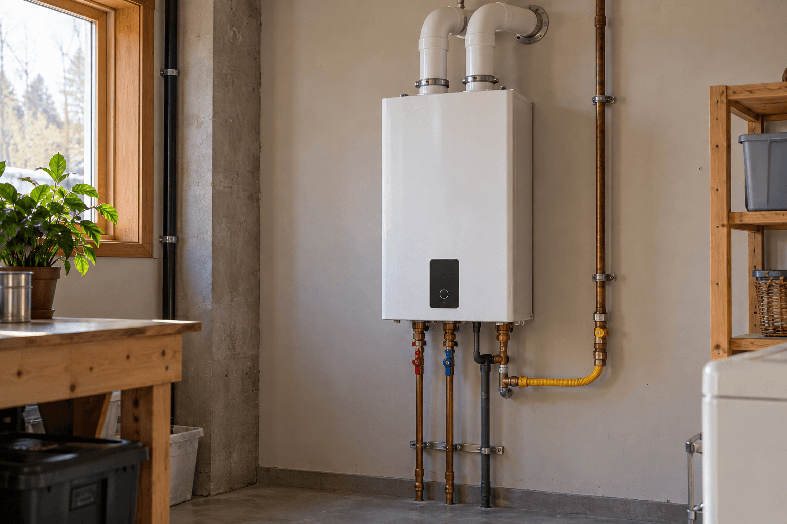 Wall-mounted tankless gas water heater installation with copper piping, gas connection and exhaust vent pipes in a residential basement utility room.