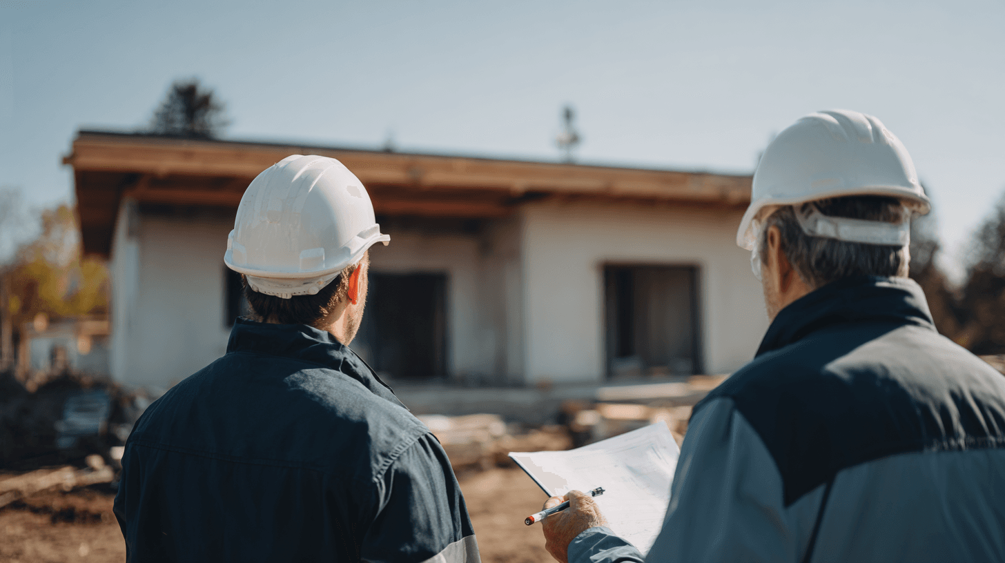 Two construction professionals wearing safety helmets review house plans at a construction site while supervising residential work.