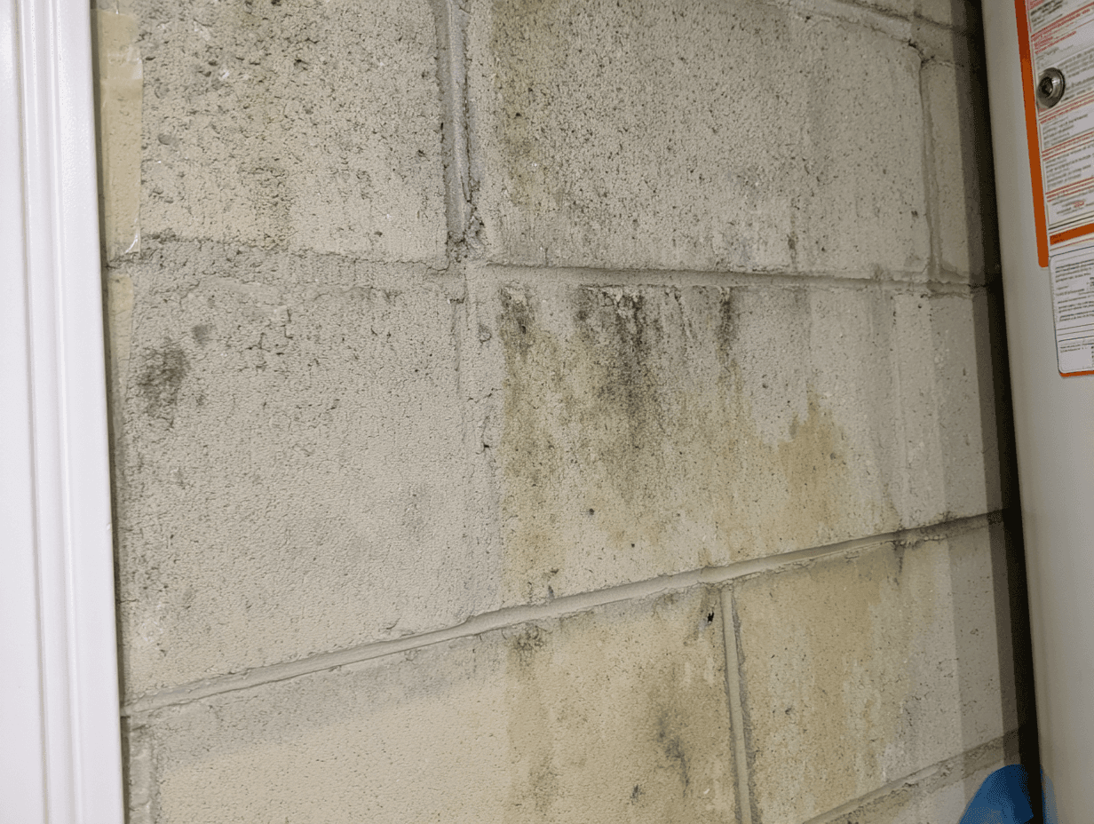 Interior concrete block wall showing moisture stains, discoloration and possible signs of water infiltration in a basement