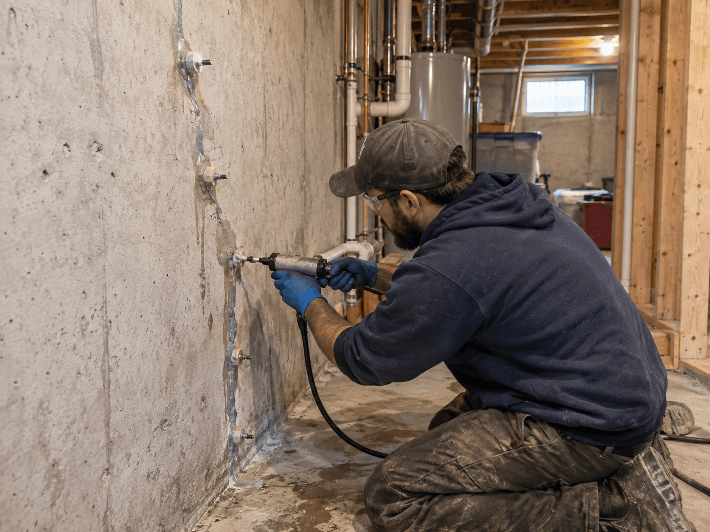 Technician injecting resin into a vertical crack in a concrete basement foundation wall through injection ports to seal water infiltration