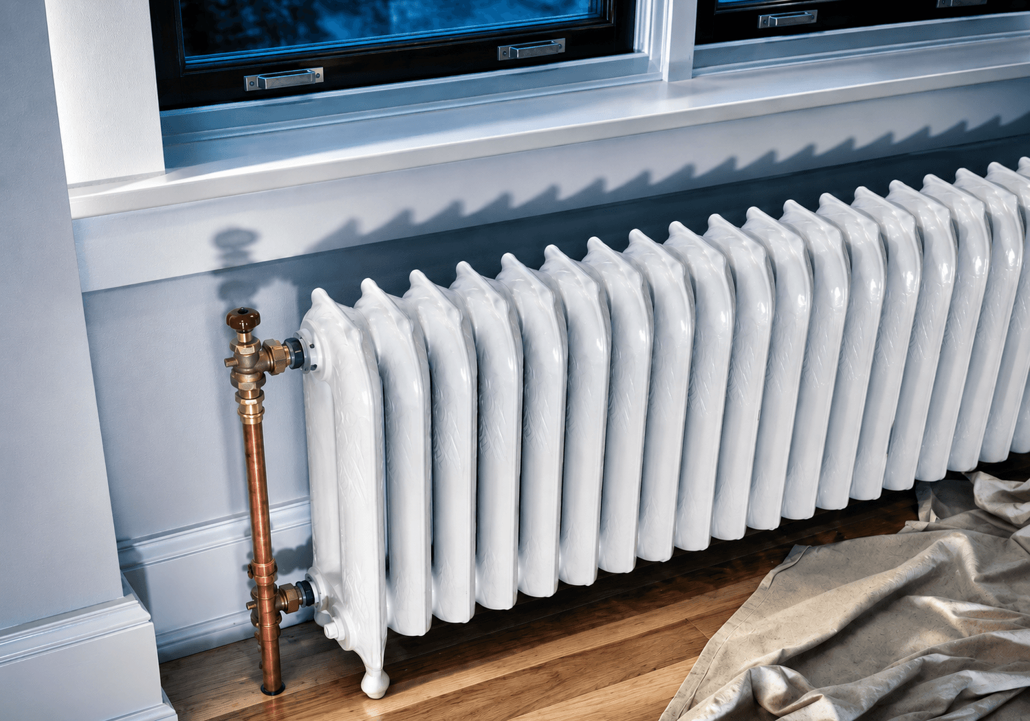 White cast iron radiator with copper piping installed beneath black-framed windows in an interior with hardwood flooring