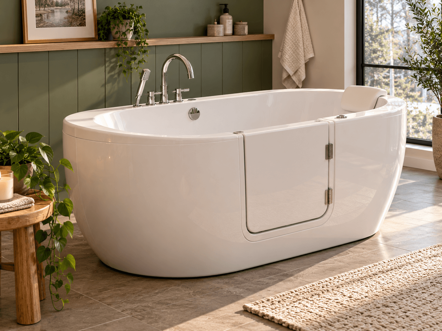Modern bathroom with a freestanding walk-in bathtub, chrome faucet, sage green wall and big, bright window. 