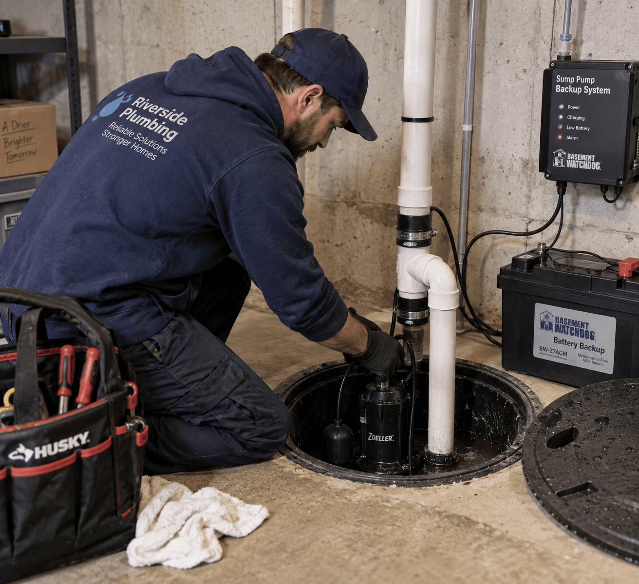 Plumbing technician servicing a sump pump in a basement with PVC piping, a backup battery system and drainage equipment