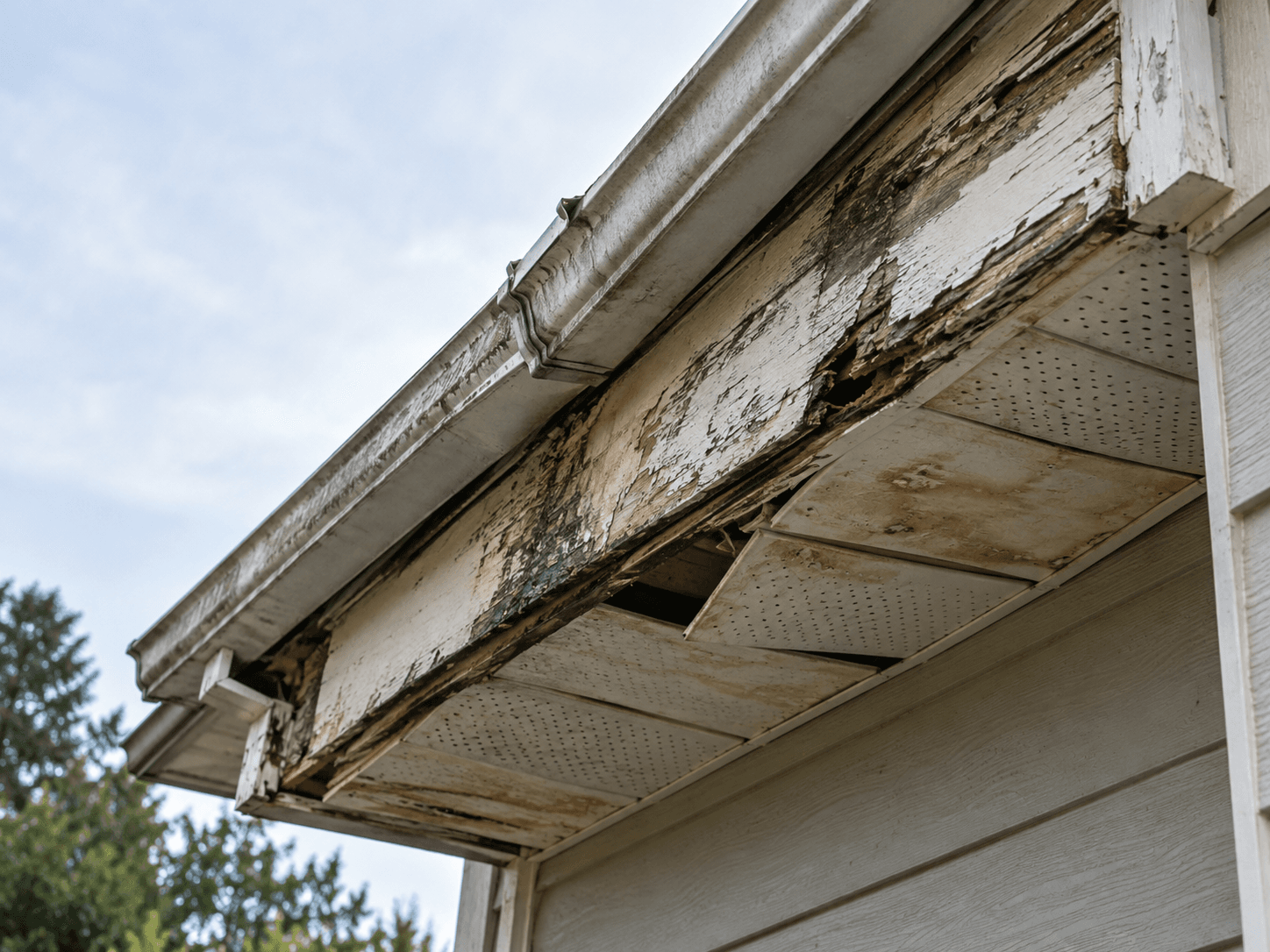 Close-up of a severely deteriorated residential roof eave with rotting wooden fascia boards, peeling paint, damaged white perforated soffits and an aging gutter, showing visible deterioration and the need for exterior repairs
