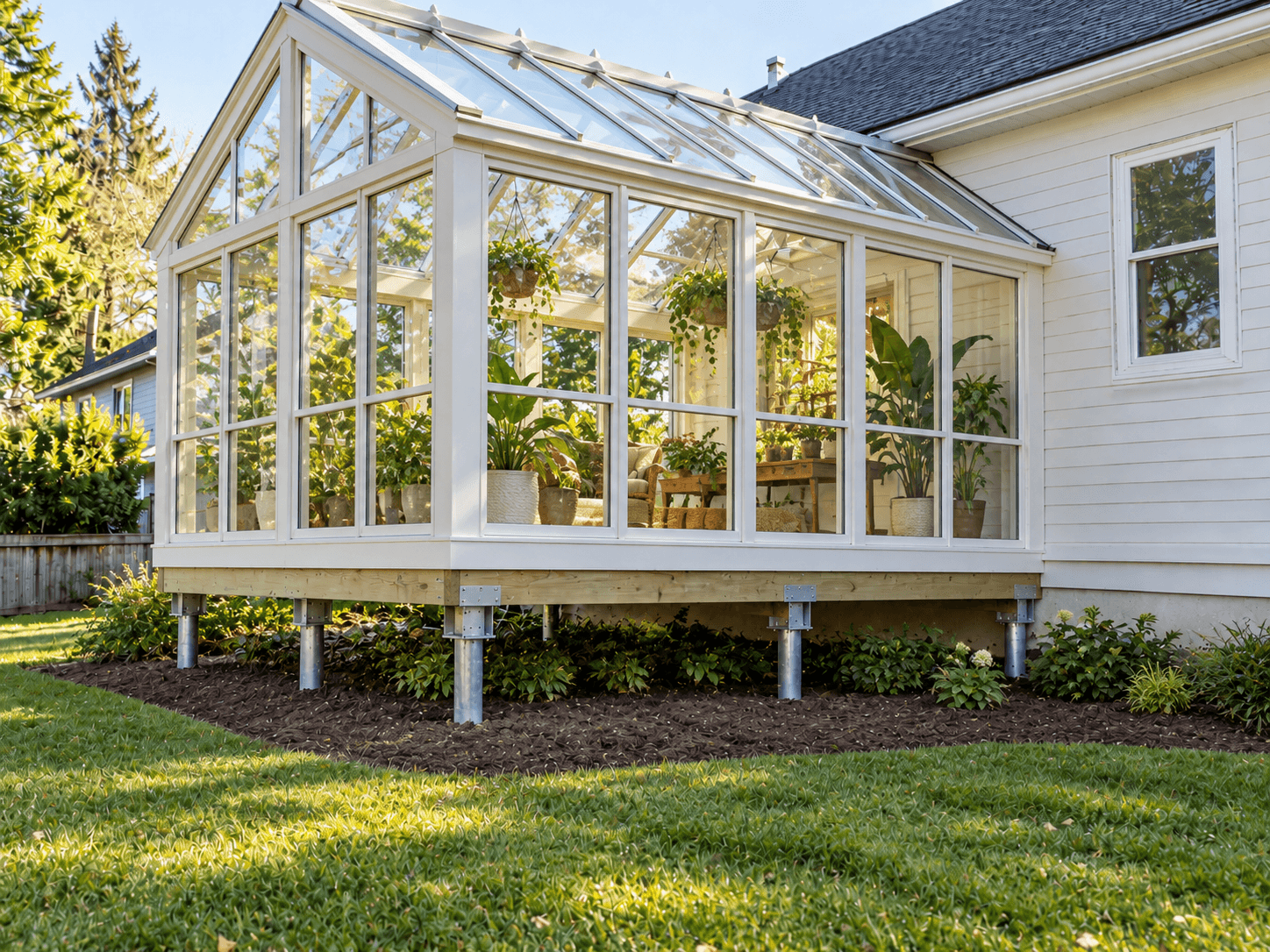 Glass sunroom with a glass roof, white framing, and large windows, arranged as an indoor garden and supported by metal screw piles.