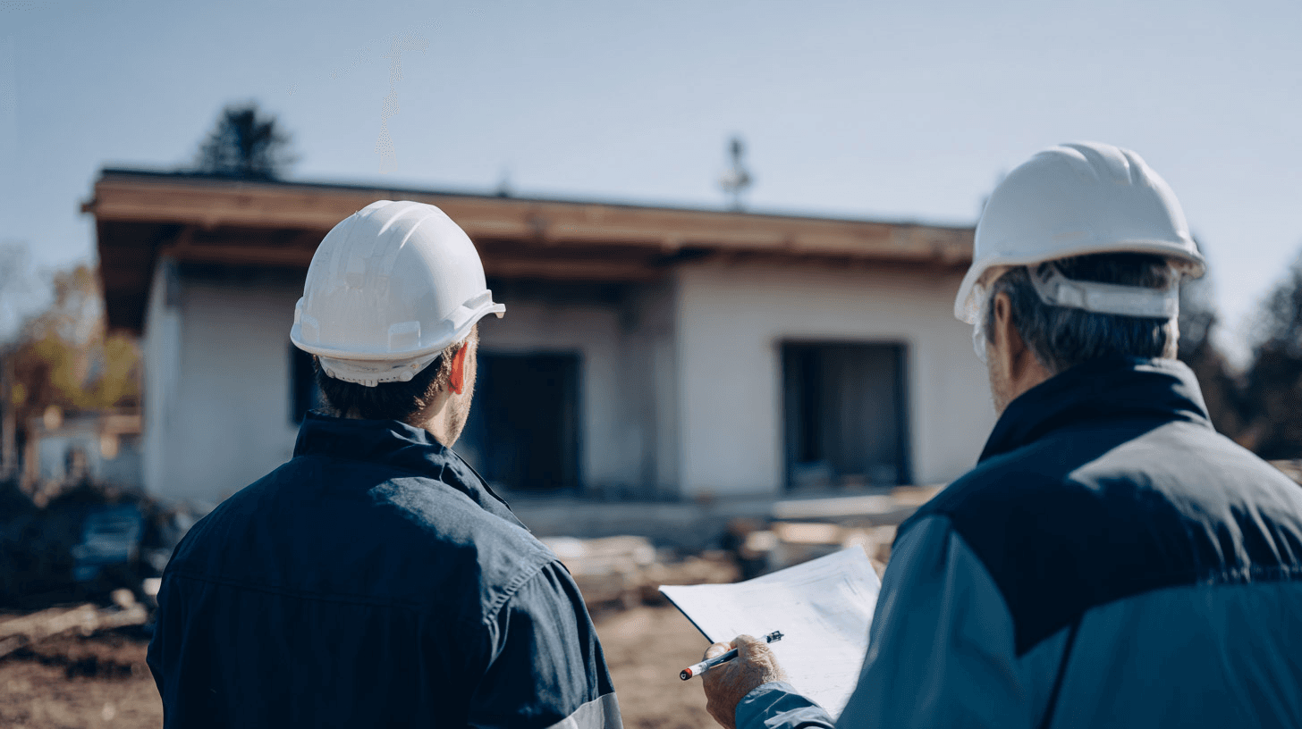 Two construction professionals wearing hard hats reviewing building plans in front of a house under construction during a worksite inspection.