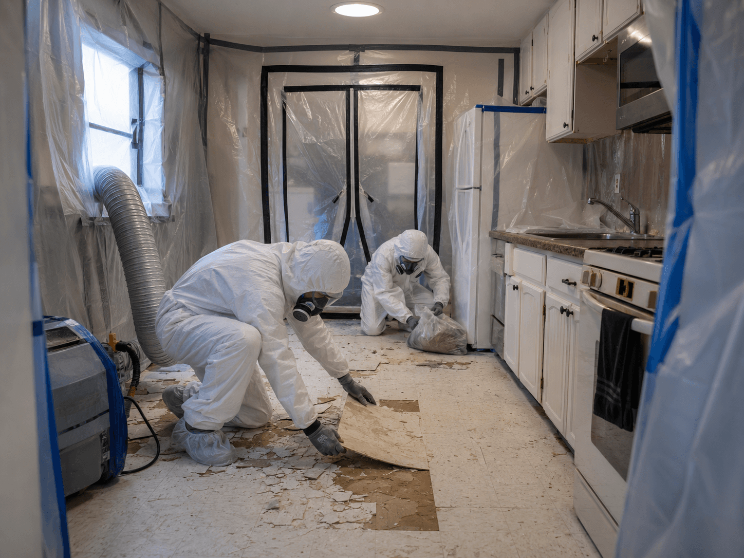 Workers in protective suits removing old flooring in a contained kitchen with plastic sheeting, ventilation and decontamination equipment