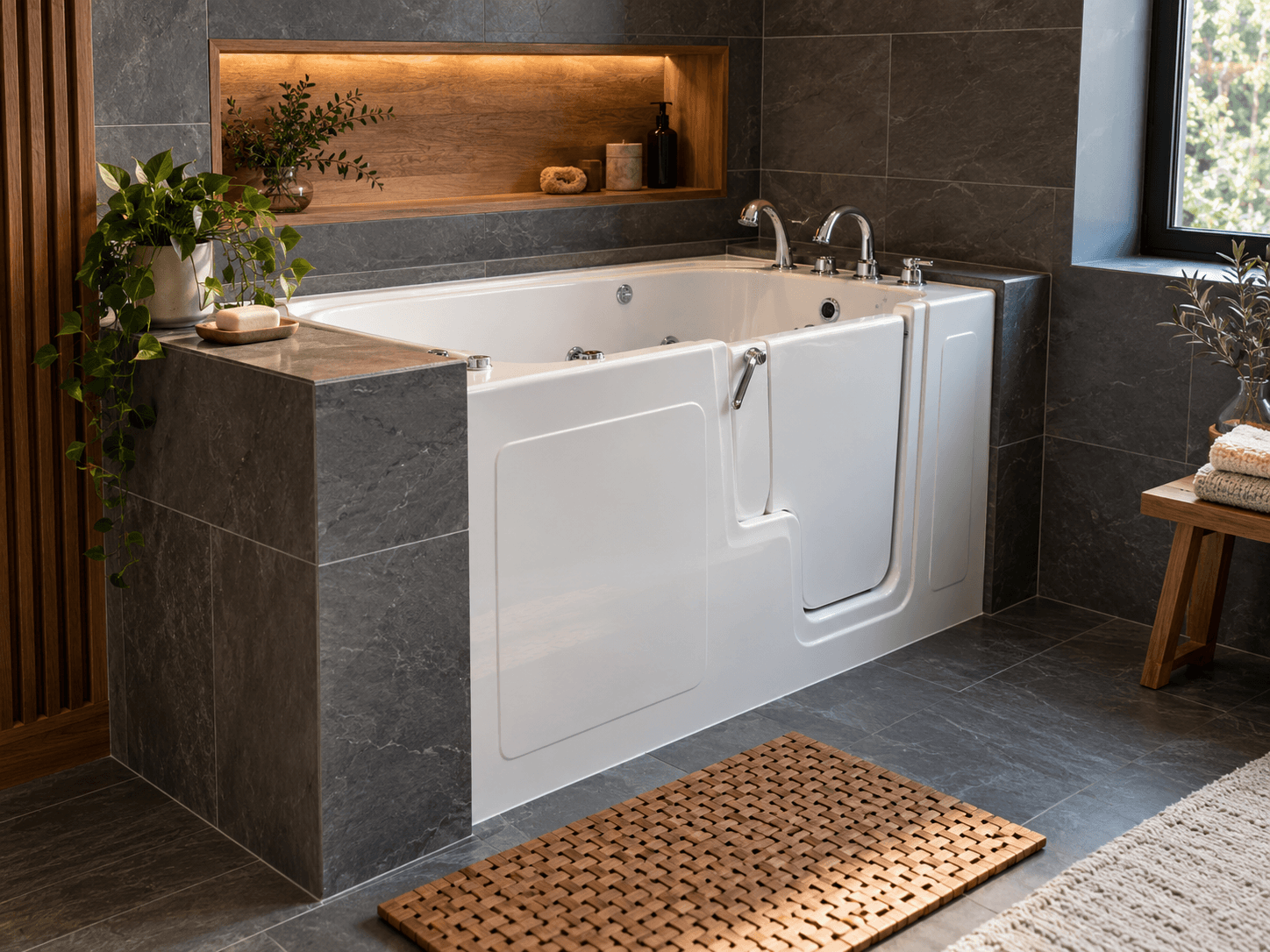 Modern bathroom with a white walk-in bathtub, dark gray ceramic tiles, chrome faucet, and light-wood built-in wall shelf