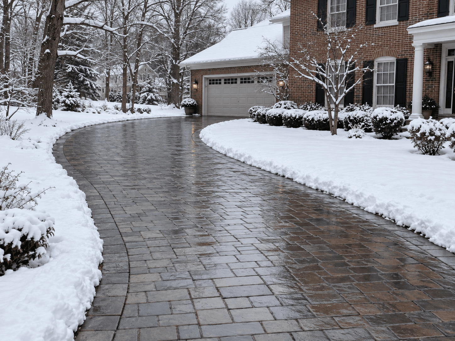 Curved residential driveway made of grey and brown interlocking pavers, cleared of snow with a wet surface, surrounded by snow-covered landscaping in front of a large brick house.