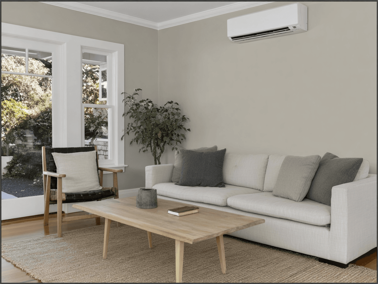 Bright living room with a white sofa, wood coffee table, large windows and a wall-mounted heat pump or air conditioning unit