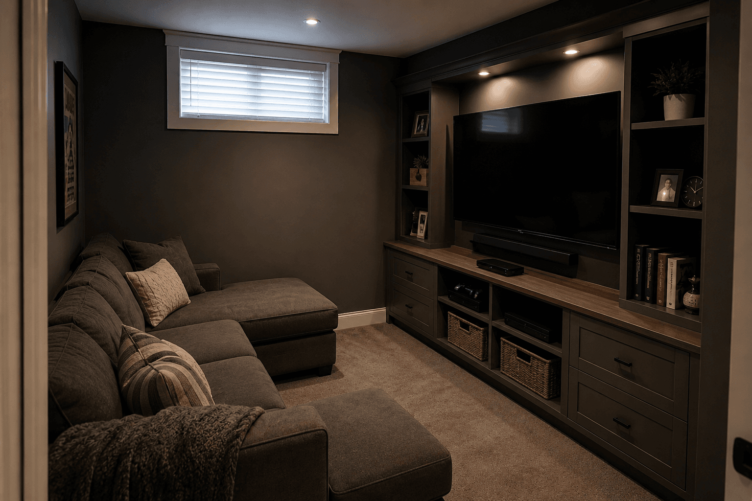 Modern home theatre with a large wall-mounted TV, custom media cabinetry, sectional sofa, recessed lighting and a dark interior design.