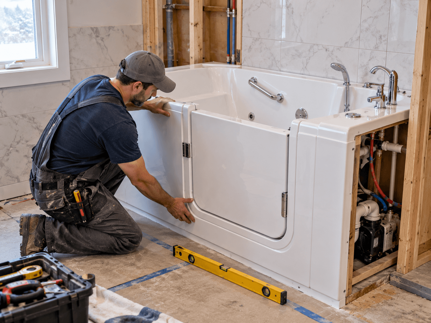Professional installing a white walk-in bathtub in a bathroom being renovated, with exposed plumbing and marble-like ceramic wall tiles.