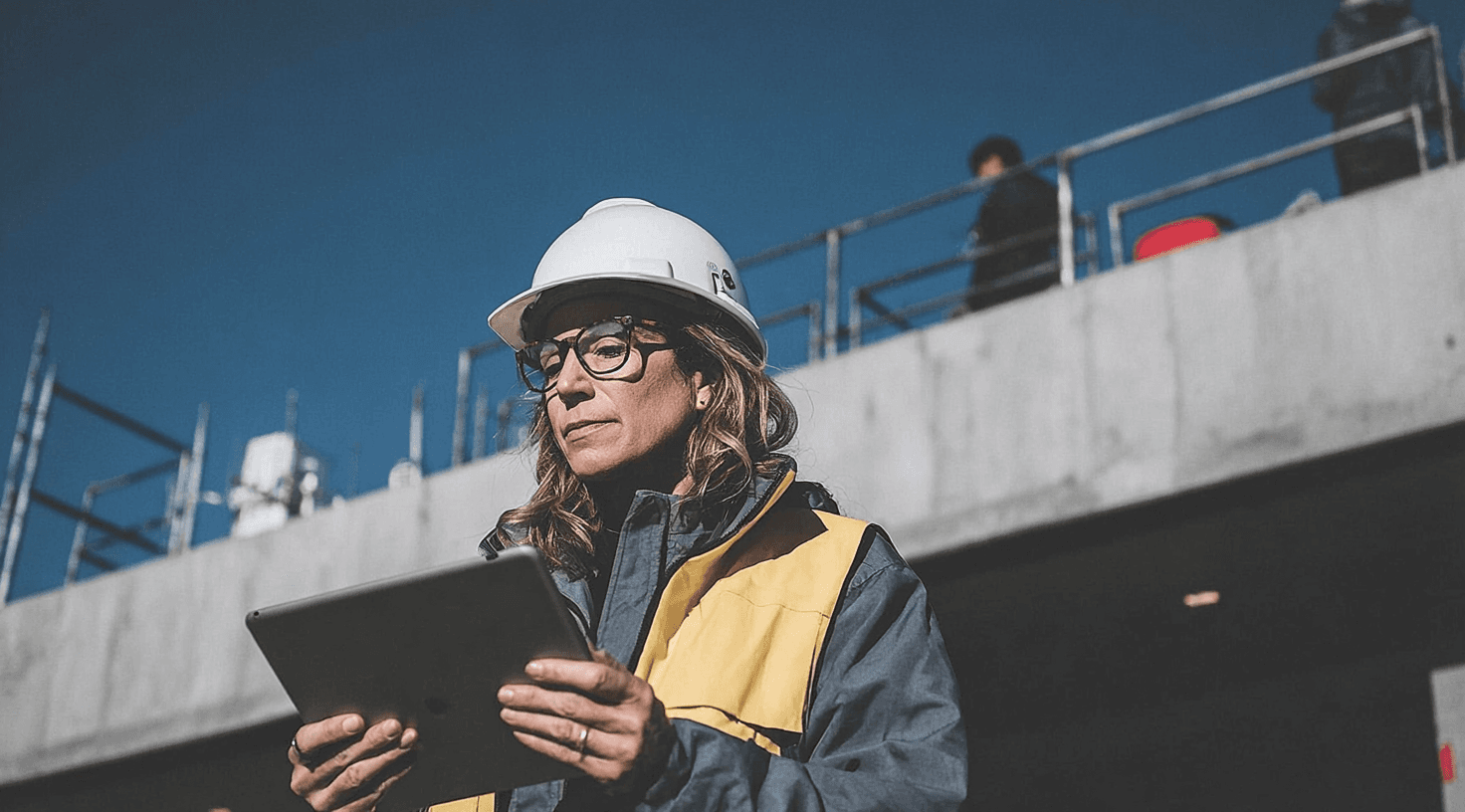 Female construction professional wearing a white hard hat and yellow safety vest while using a tablet in front of a concrete structure