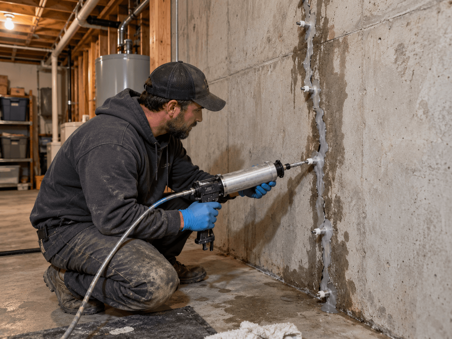 Technician injecting resin into a vertical crack in a concrete basement foundation wall to seal water infiltration