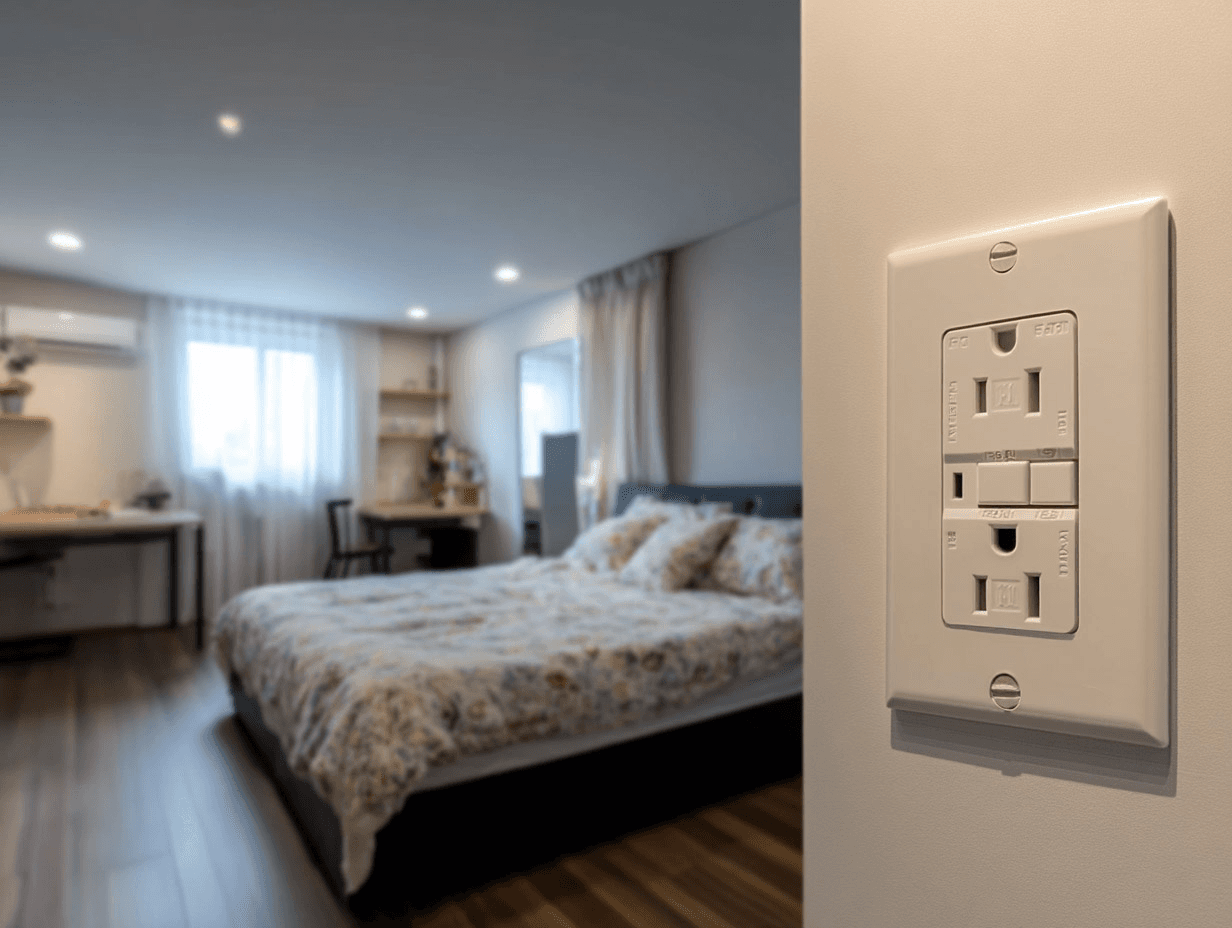 Wide-angle view of a secured electical outlet in a modern bedroom, featuring a queen-sized bed, wood flooring, and built-in lighting