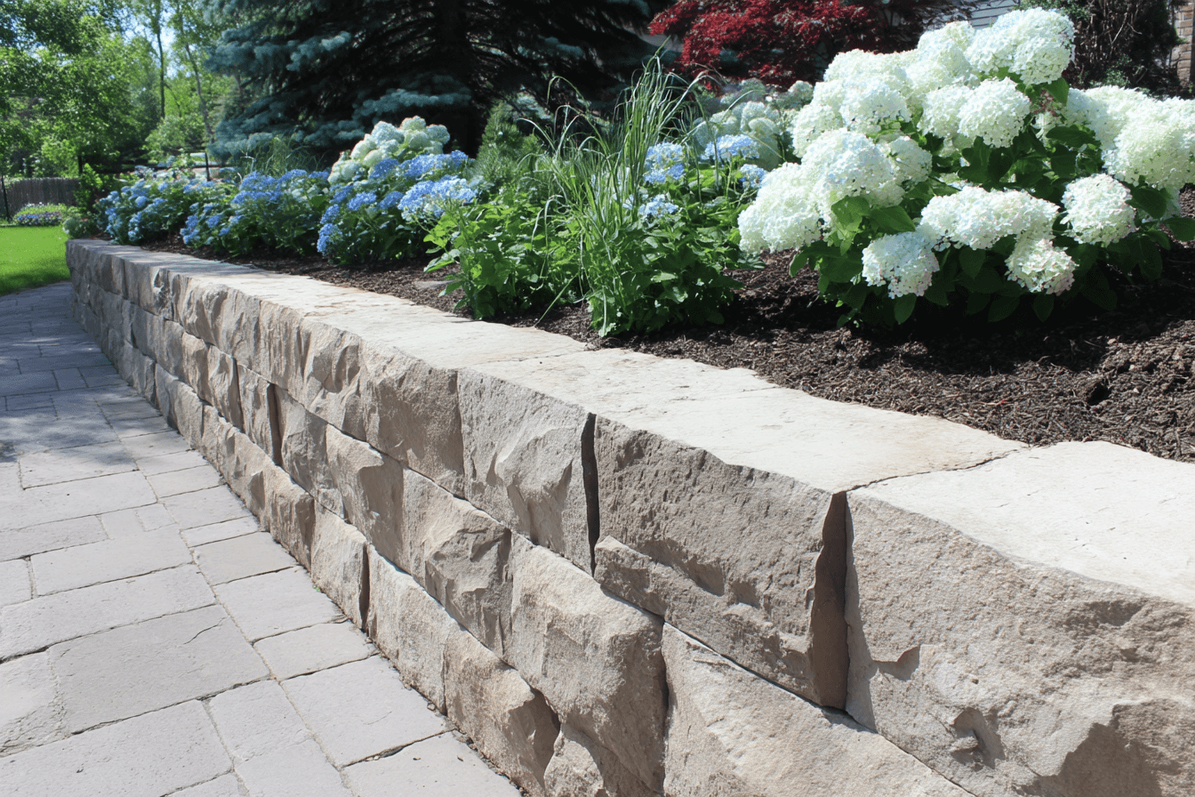 Natural stone retaining wall bordering a paved walkway and landscaped flower bed with hydrangeas, shrubs and mature greenery