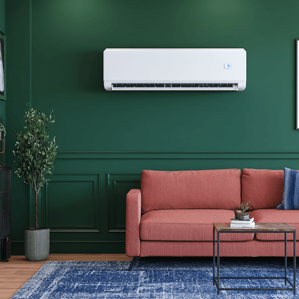 Wall-mounted heat pump or air conditioning unit installed in a modern living room with a green wall, red sofa and contemporary decor
