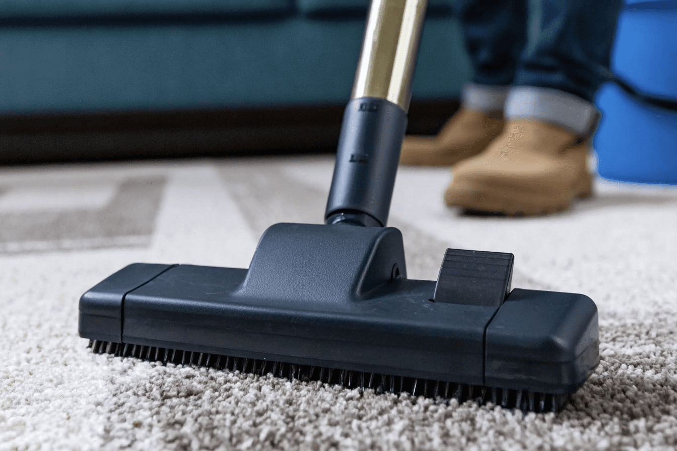 Close-up of a vacuum cleaner head cleaning a beige low-pile carpet in a residential room.