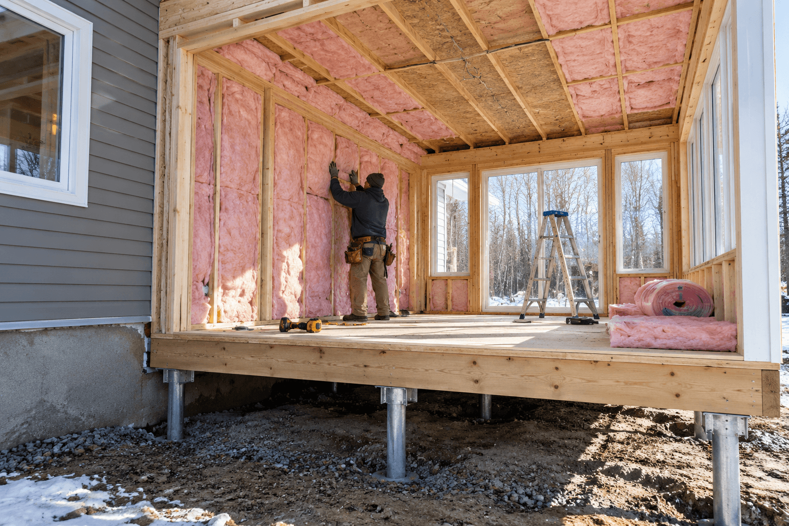 Insulation work on a home addition supported by metal screw piles, featuring pink fibreglass insulation, wood framing, and large windows.