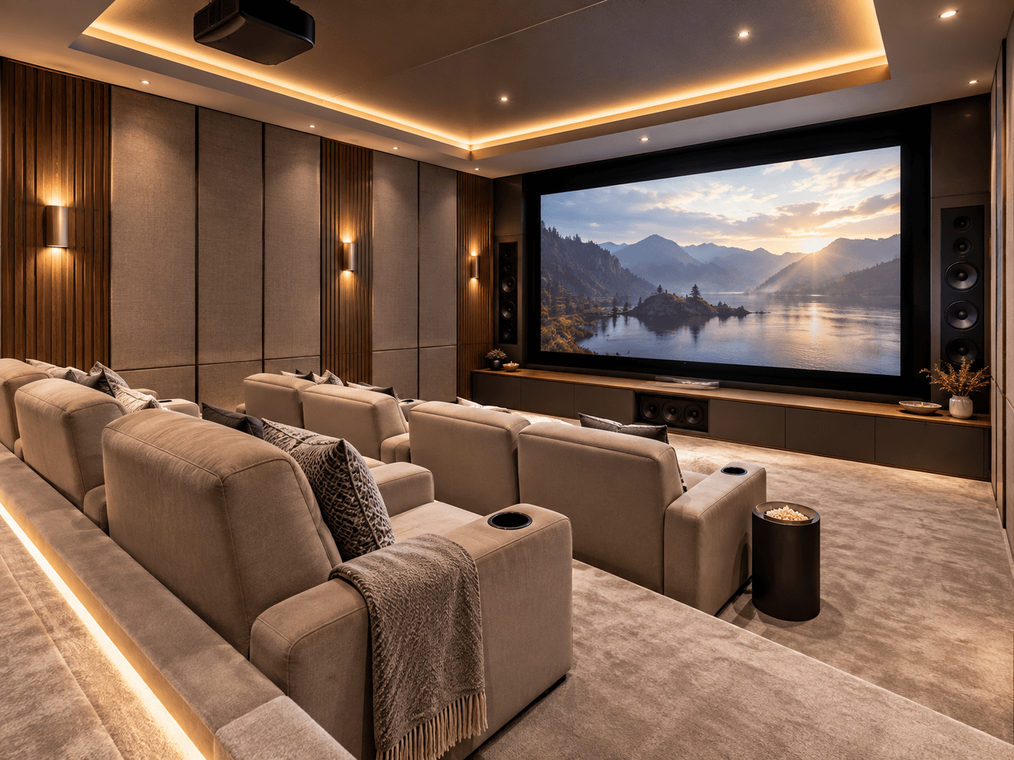 Luxury home theatre with large projection screen, ceiling-mounted projector, surround sound system, reclining seats and decorative acoustic panels