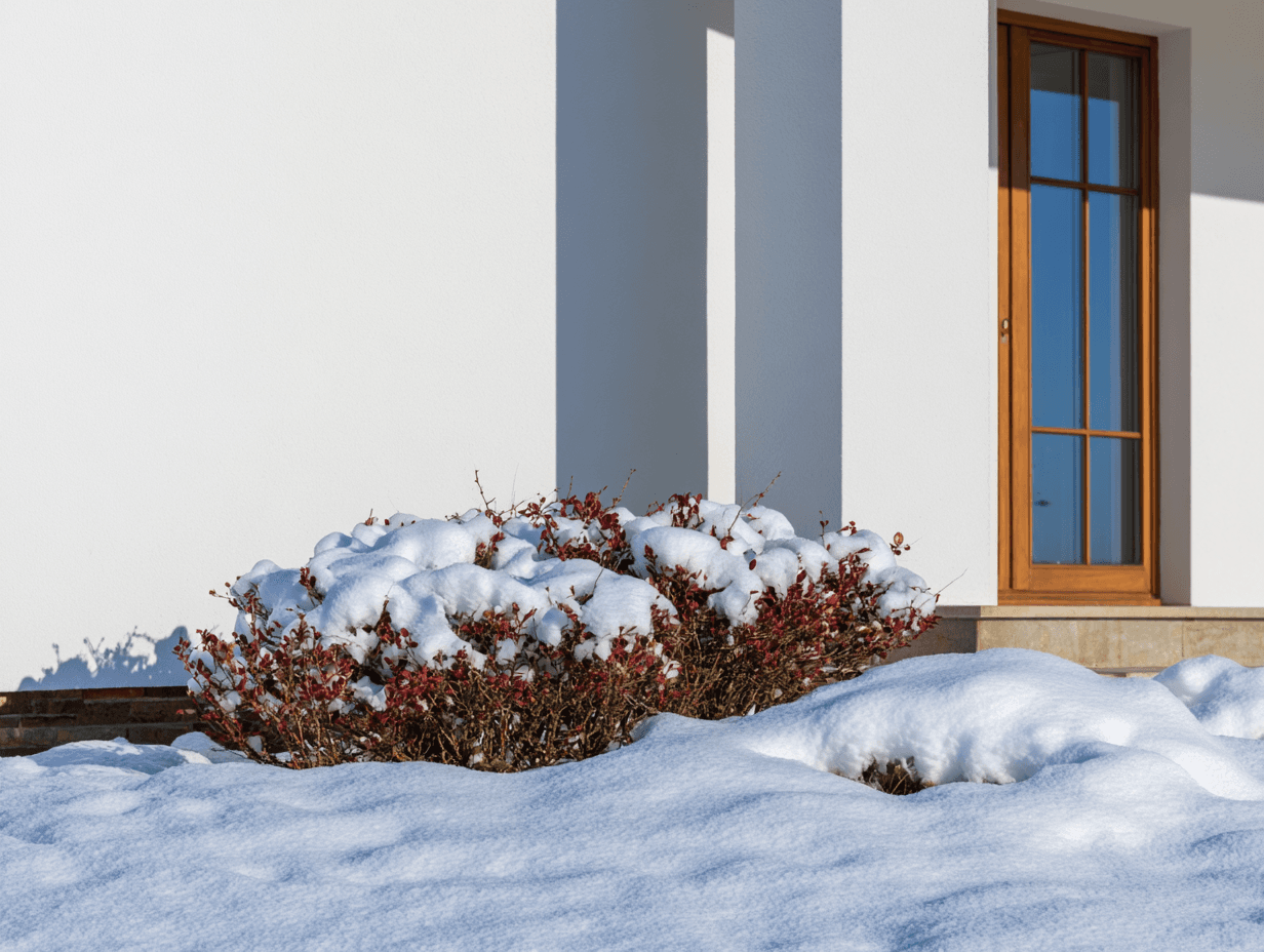 White house exterior with wooden window, snow-covered shrubs and winter landscaping in bright sunlight<br>