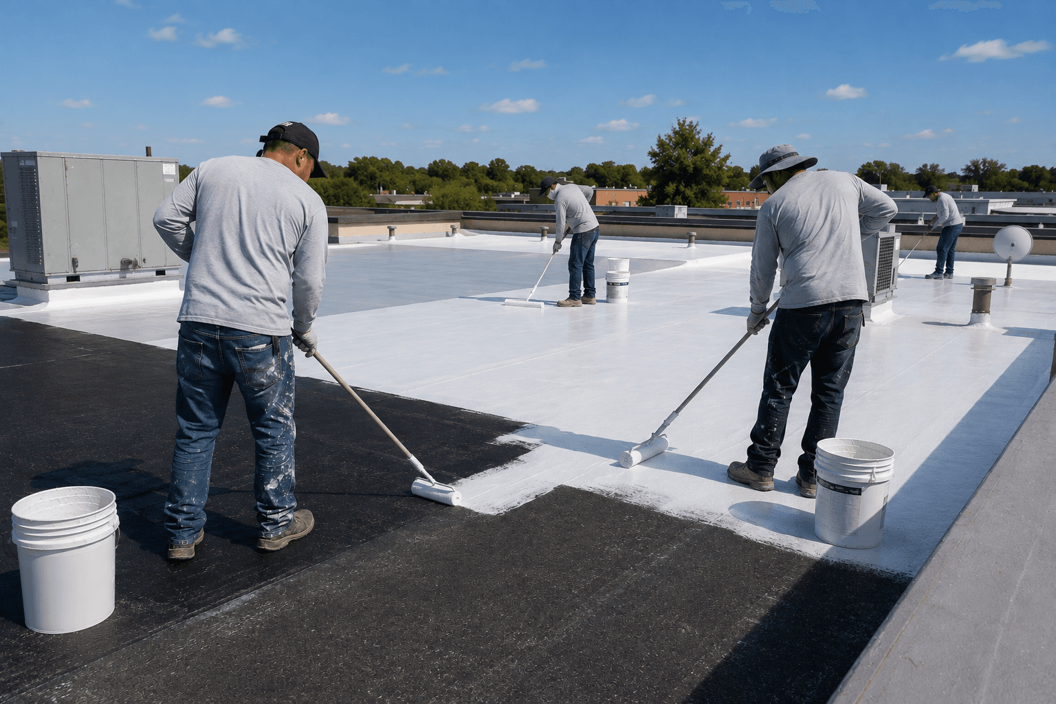 Workers applying a white reflective coating with rollers on a commercial flat roof to improve waterproofing and roof protection