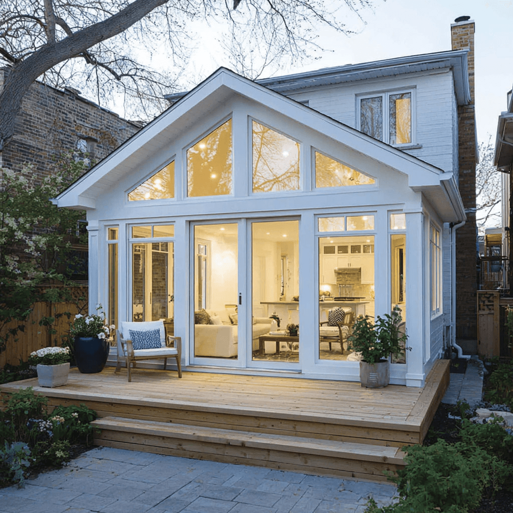 Bright residential extension with large triangular windows and glass doors, white facade, sloped roof and wooden deck overlooking a garden.