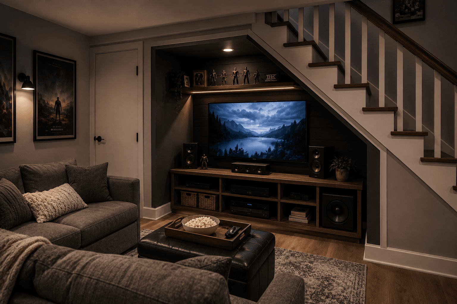 Home theatre set up beneath a staircase with a large TV, audio system, media console, comfortable sofa and warm ambient lighting.