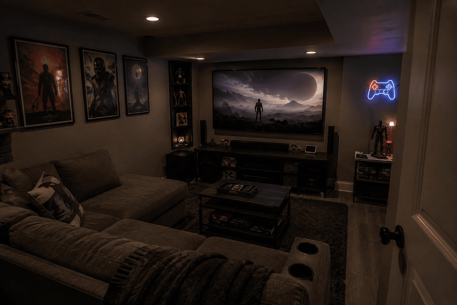 Dark home theatre with a large wall-mounted TV, audio system, sectional sofa, framed posters, collectibles and ambient lighting.