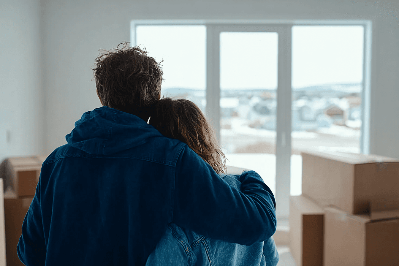 Couple embracing in an empty home or apartment with moving boxes while looking out a large window