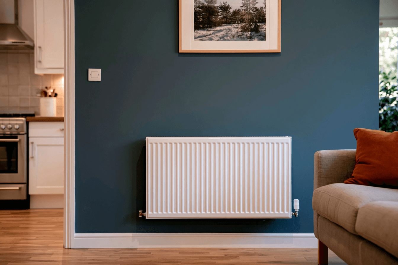White panel radiator mounted on a blue wall in a modern living room with beige sofa, orange cushion and hardwood flooring