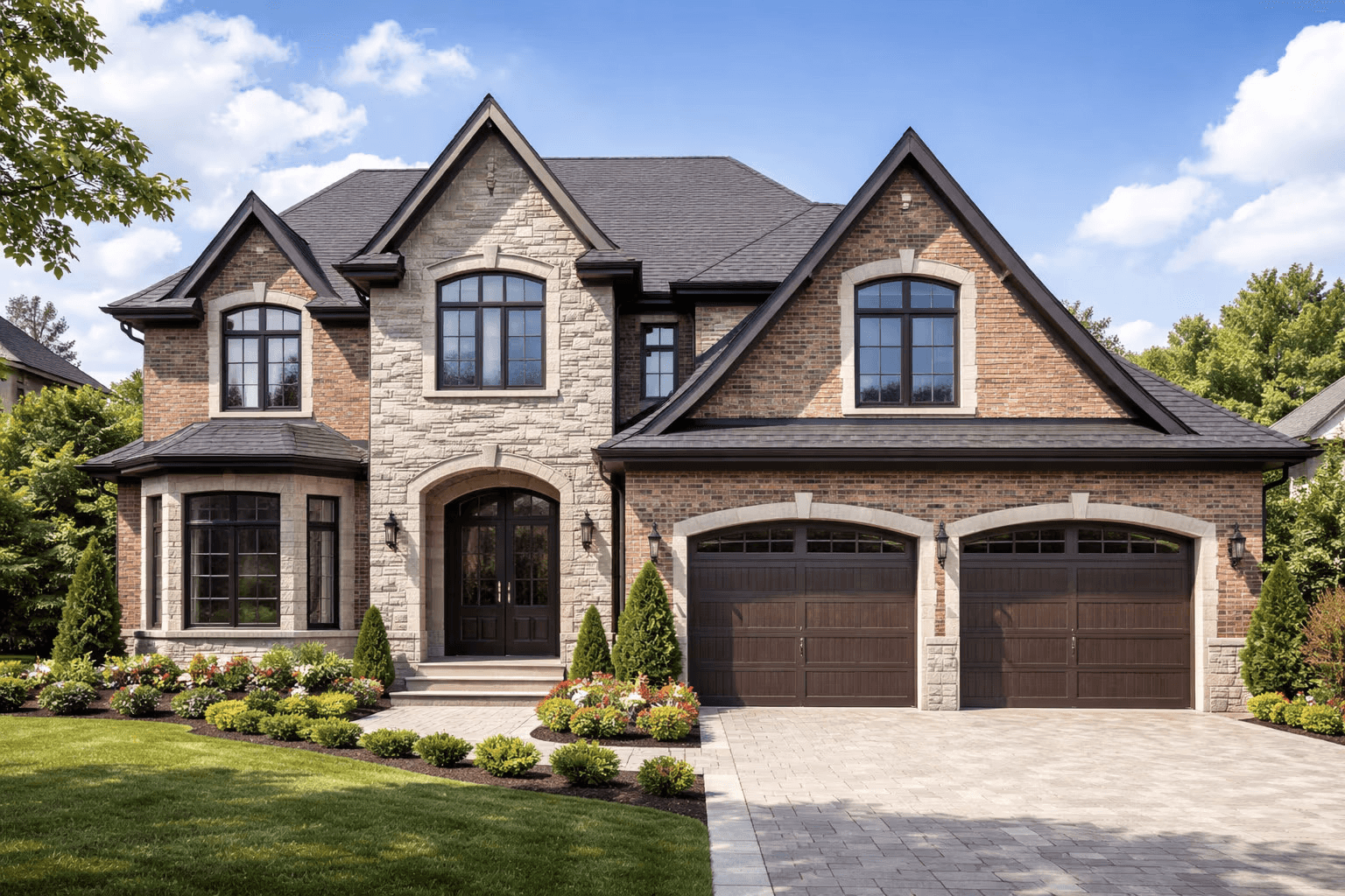 Luxury two-story residential house with brick and stone facade, arched windows, shingle roof, double garage and manicured landscaping.