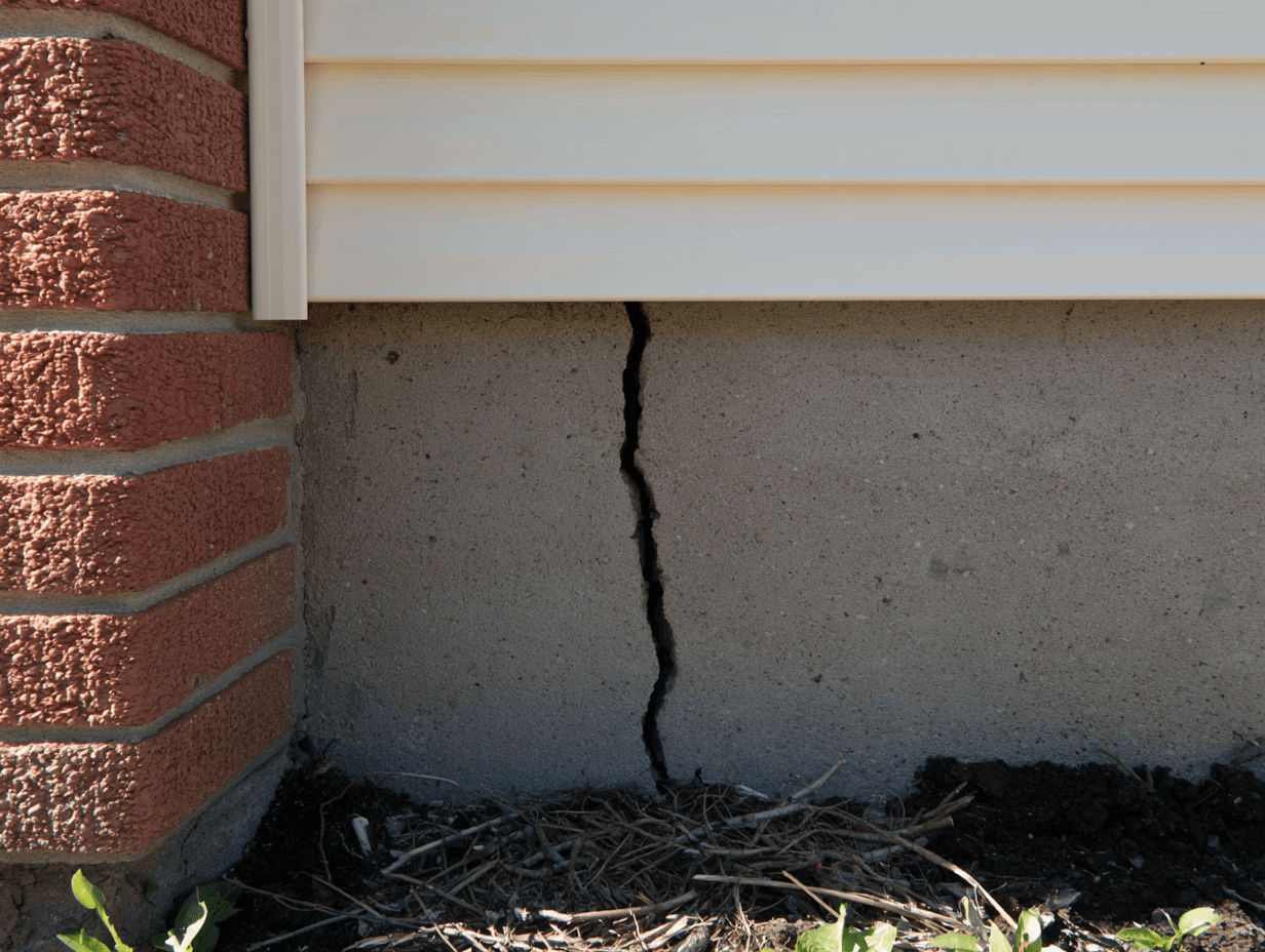 Large vertical crack in a concrete foundation beneath white exterior siding next to a brick wall