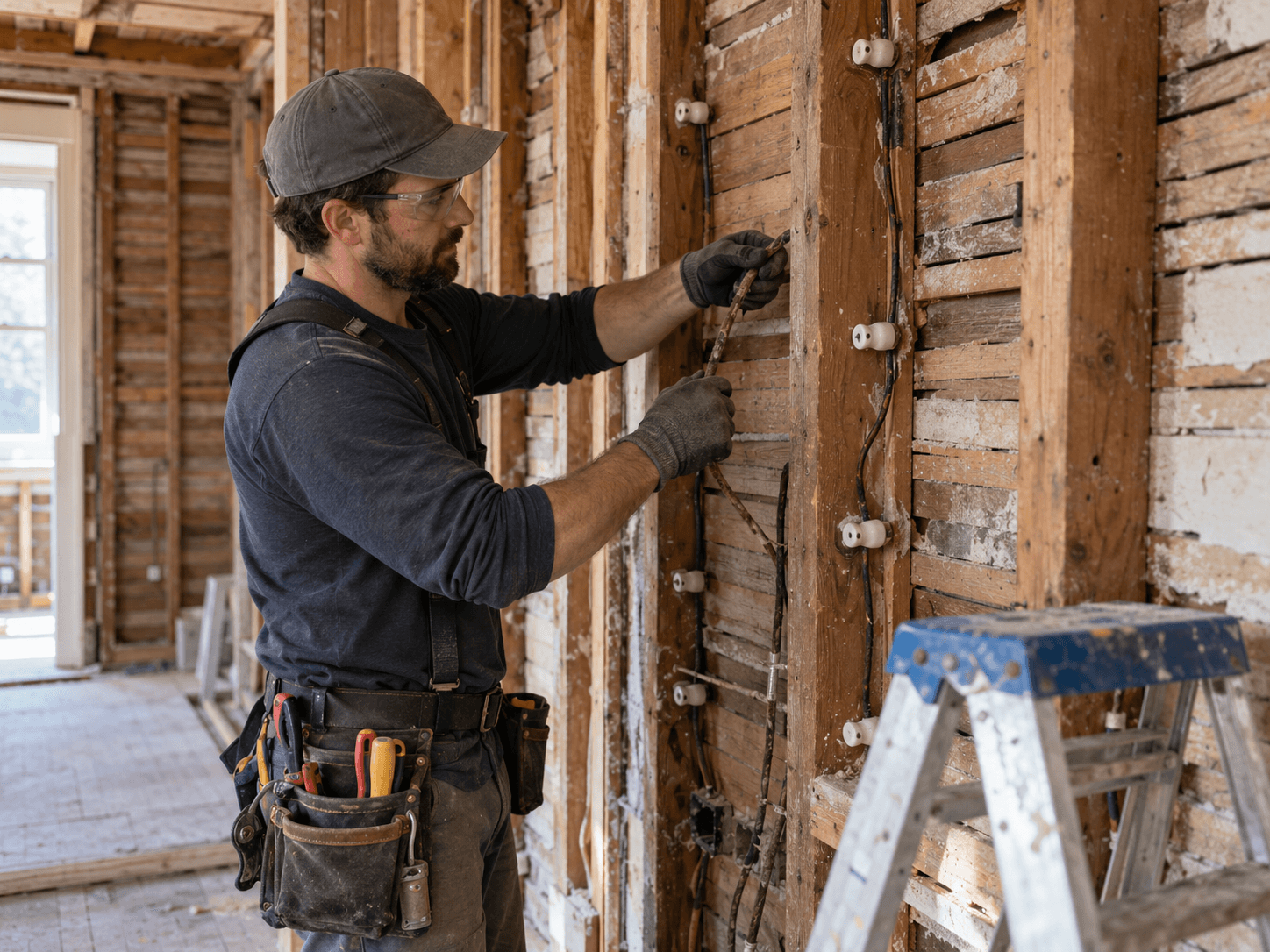 Electrician removing old electrical wiring from porcelain insulators in the exposed walls of a house under renovation