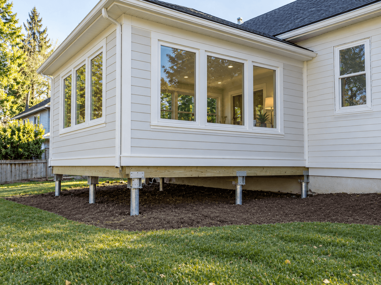 Home addition supported by metal screw piles, featuring large windows, white exterior siding, and an asphalt shingle roof.