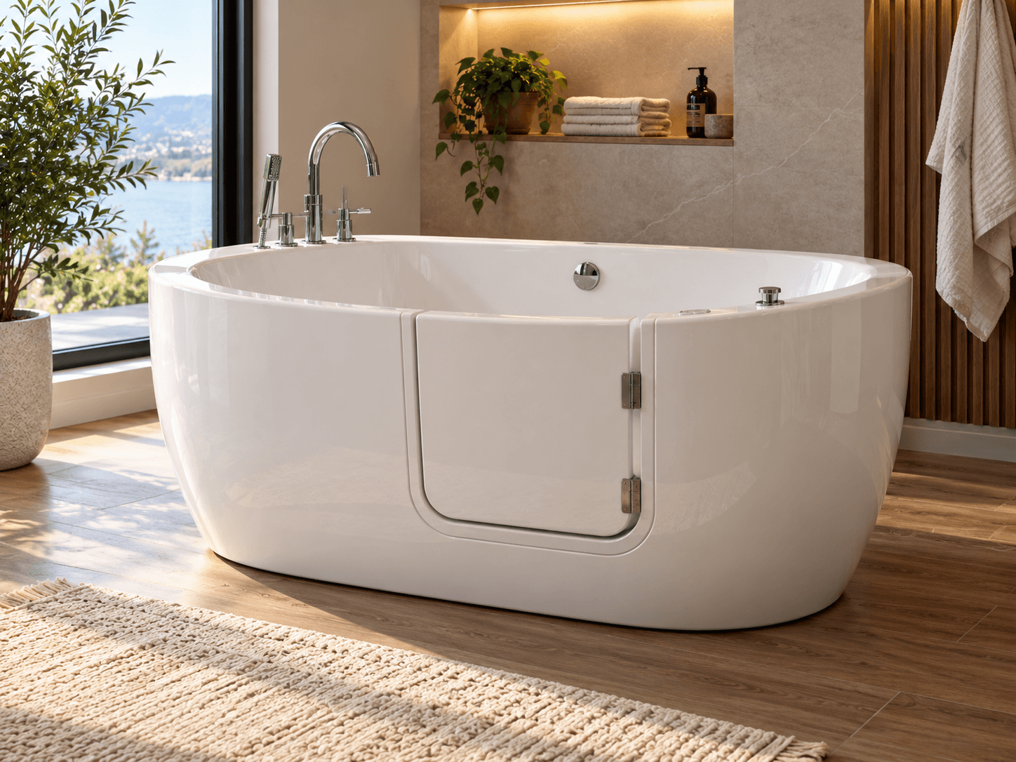 Modern bathroom with a freestanding walk-in tub, chrome faucet, wood flooring, and large water-facing window