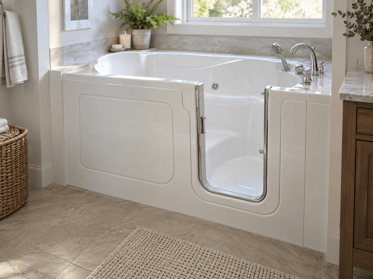 Modern bathroom with an easily accessible walk-in bathtub, chrome faucet, beige ceramic tiles, and a big, bright window