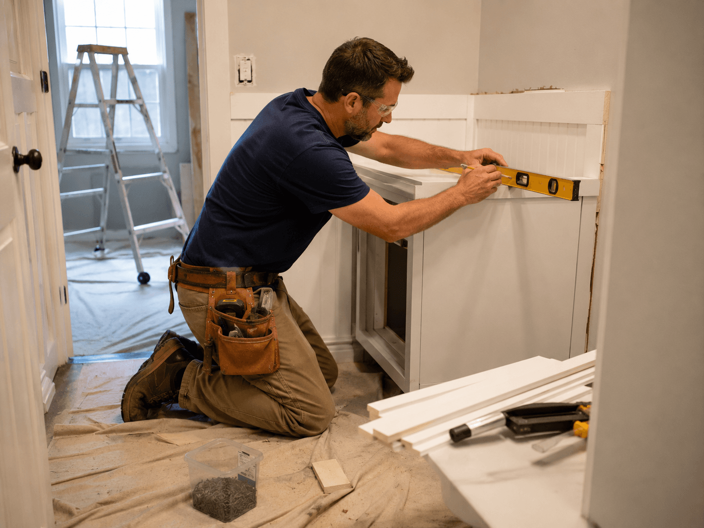 Renovation contractor using a spirit level to align and install trim around a fireplace in a home under renovation