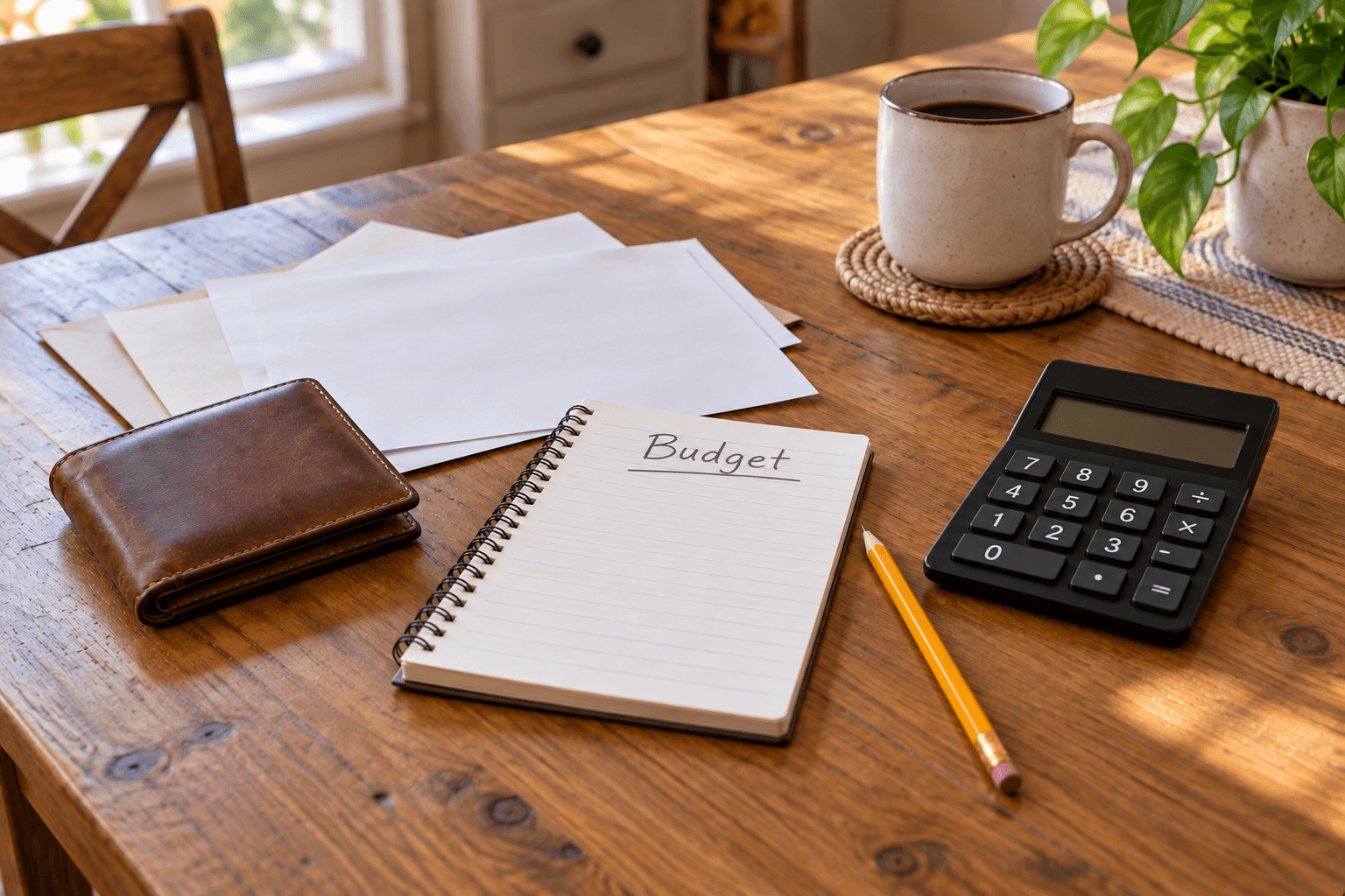 Residential renovation budget planning on a wooden table with calculator, notebook, pencil, wallet and financial documents to organize expenses and estimate home improvement costs.